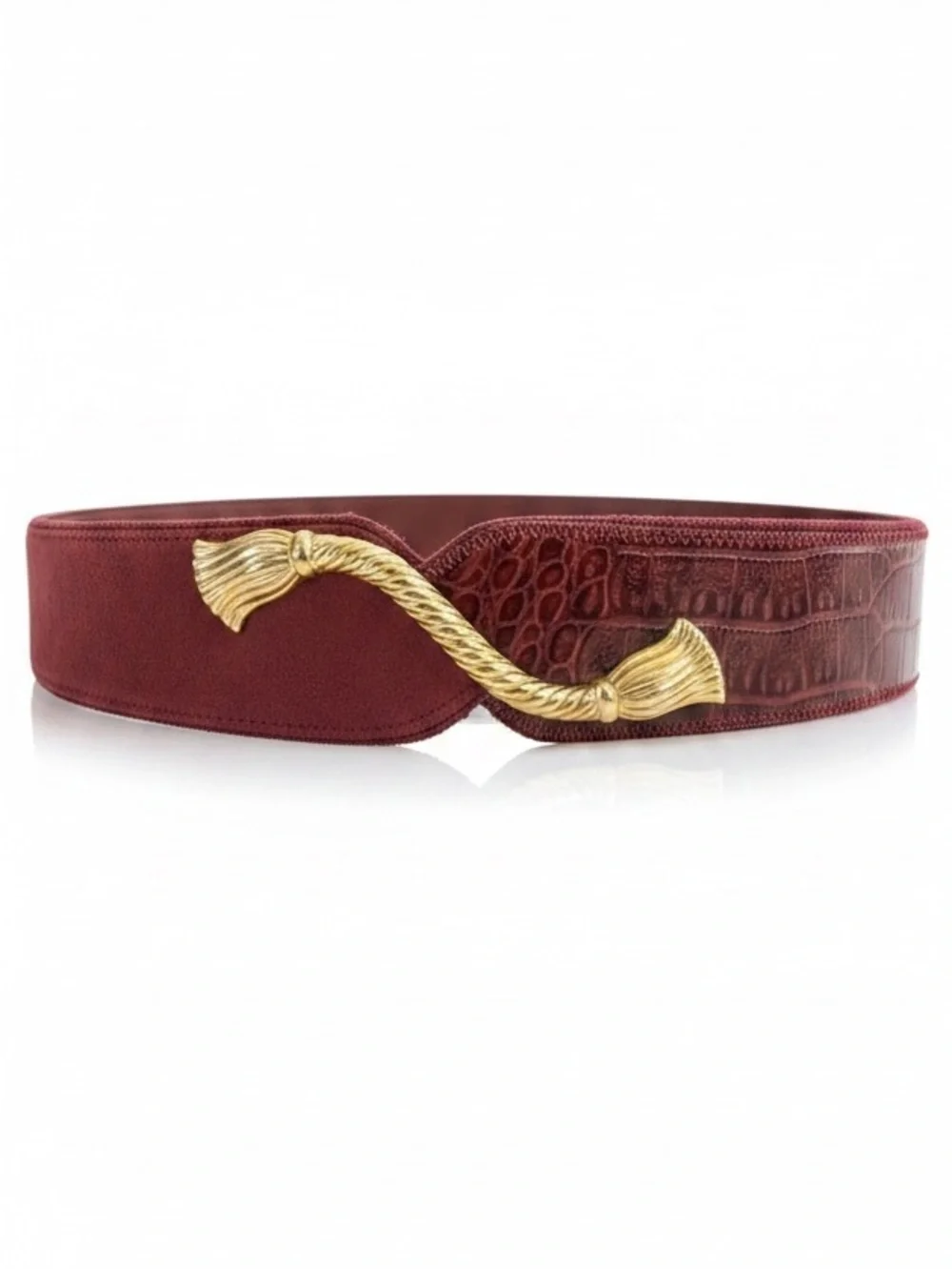 Vintage 80s Burgundy Waist Belt Gold Sculptural Buckle Suede Croc
